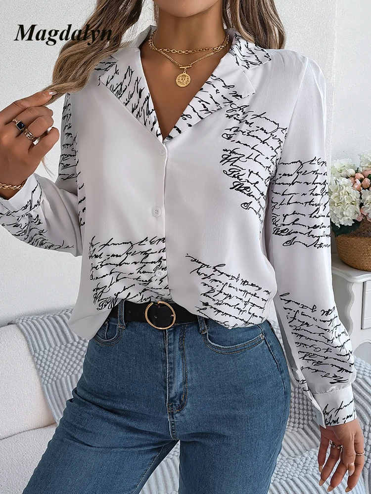 Magdalyn Women Fasion Office Chiffon Buttons Blouse And Shirt Lapel Letters Basic Lady Shirts Casual Streetwear Long Sleese Tops