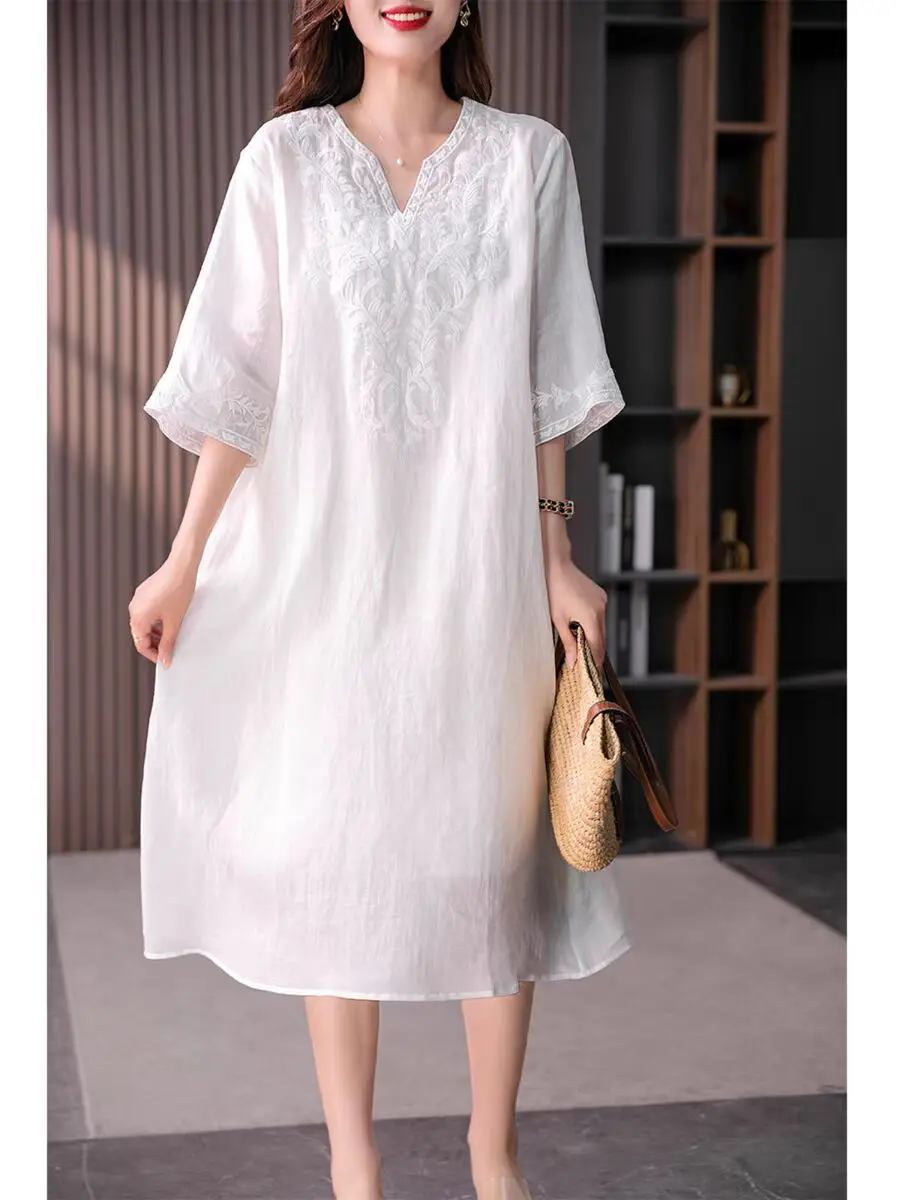 Women Casual Two Pieces Dress 2024 Summer Ramie Cotton Slimming Suspender Embroidery White Loose Long Dress Female Clothes X1169