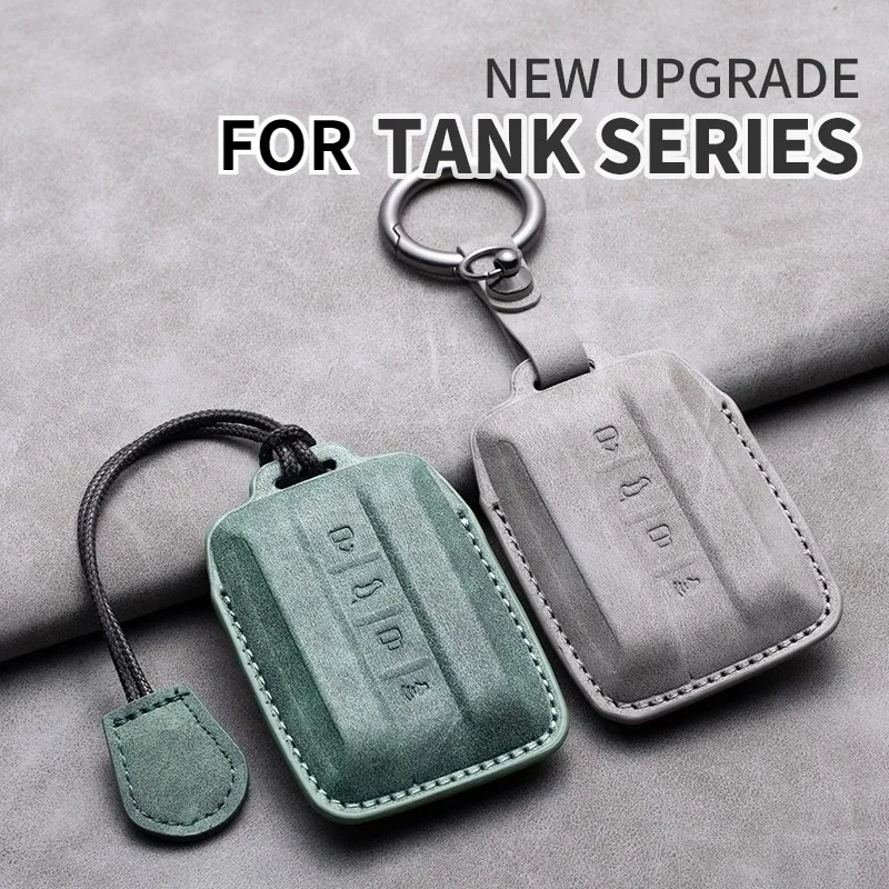 Leather Car Remote Key Case Cover For 2021 Tank 300 Tank 500 Auto Keyless Protector Key Shell Fob Keychain 4 Buttons Accessories