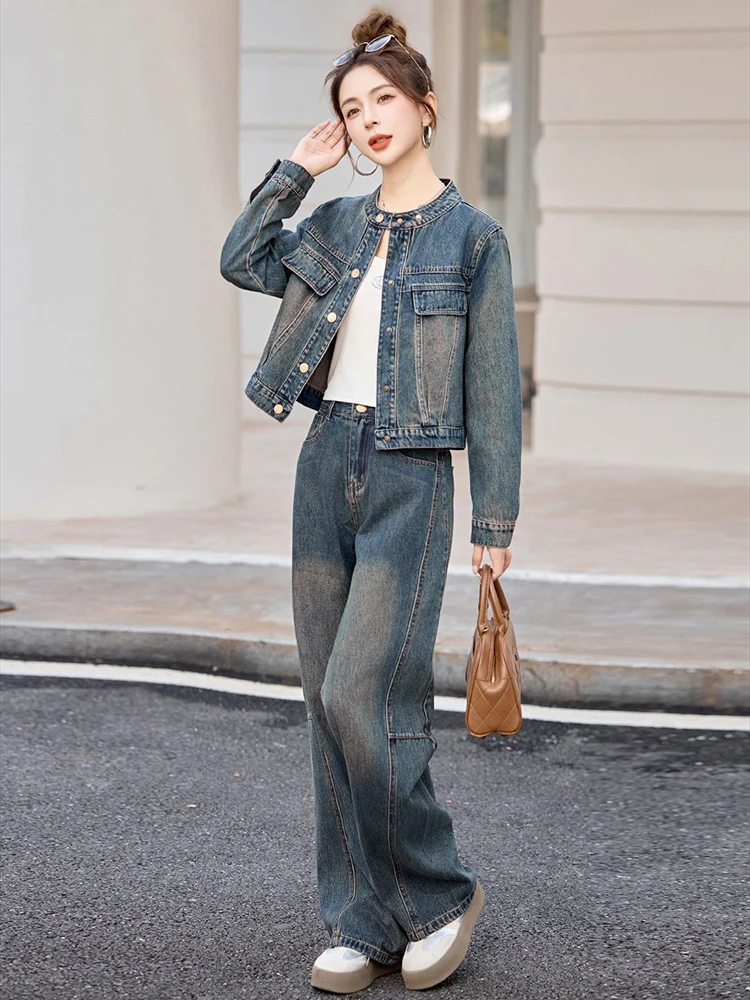 

Супер красивый джинсовый костюм в гонконгском стиле в стиле ретро, женский осенний новый короткий пиджак, прямые широкие брюки, комплект из двух предметов