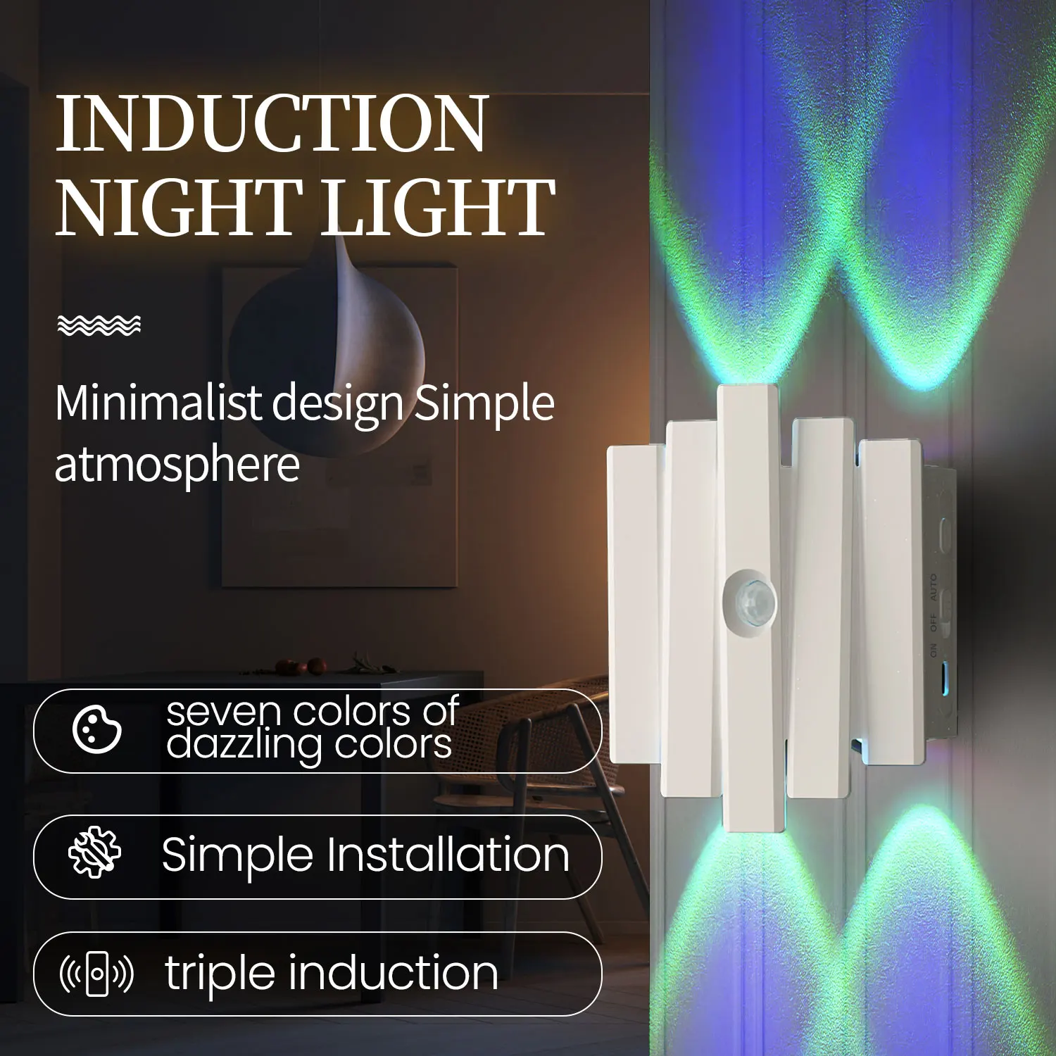 7 Colors RGB Motion Sensor Wall Lamp, USB Rechargeable Up-Down Projection Induction Night Light for Bedroom Hallway Corridor