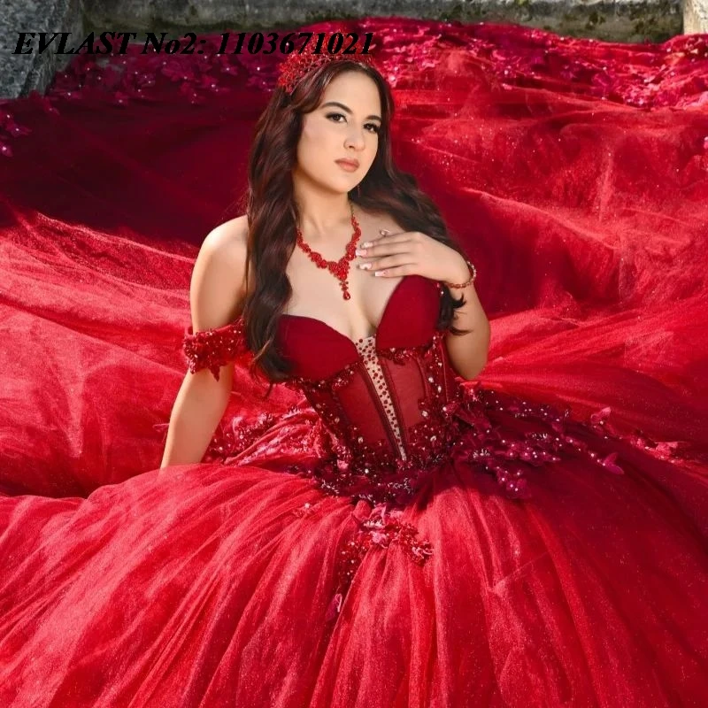 EVLAST personnalisé paillettes bordeaux Quinceanera robe 3D Floral Applique perles Corset fête douce 16 robes 15 Anos E2QA102