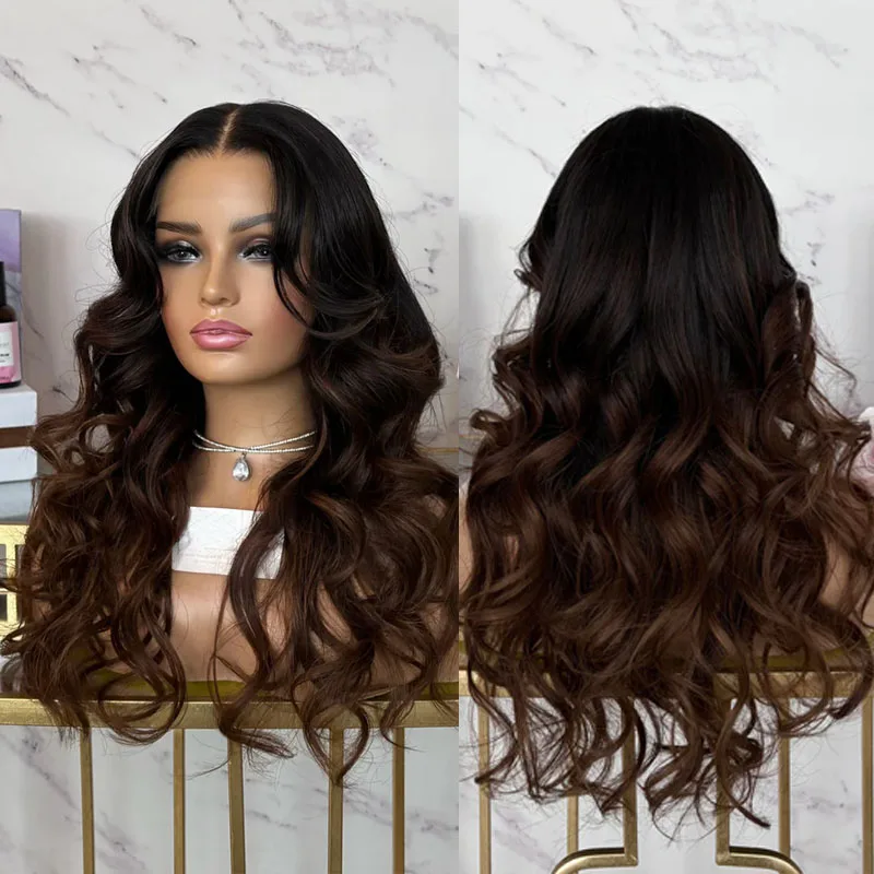 

Long Loose Wave Glueless 100% Human Hair Easy Wear Lace Front Black Women Wigs Ombre Dark Brown Natural Hair Bleached Knots Wigs