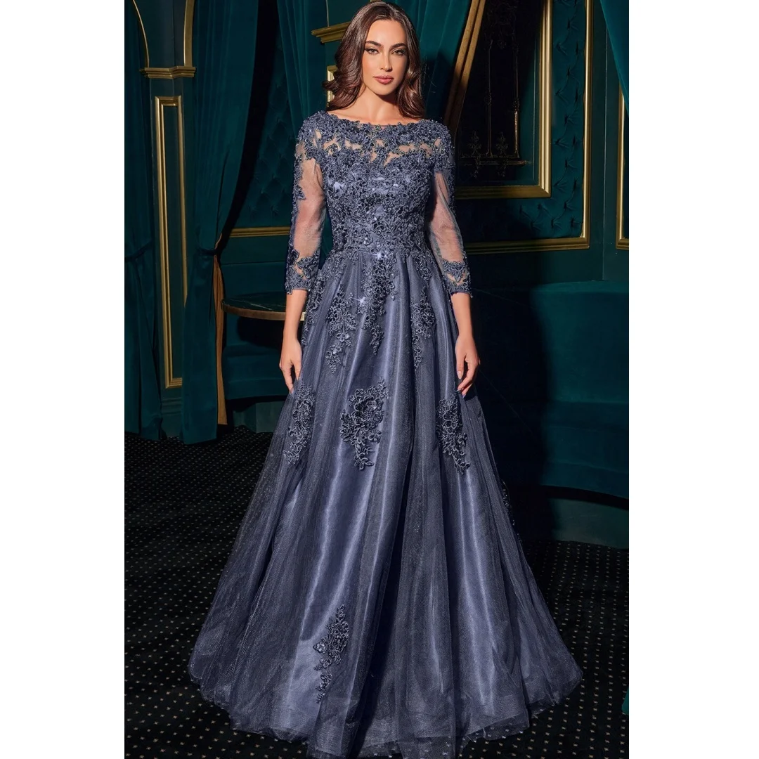 

Tulle Long Sleeve Appliques Mother of the Bride Dresses Elegant Sequins A-line Long Evening Gowns Women's Wedding Prom Dress