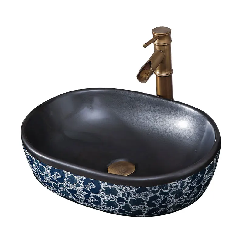 

National wind platform basin blue printing creative ceramic wash basin B & B teahouse retro oval washbasin household