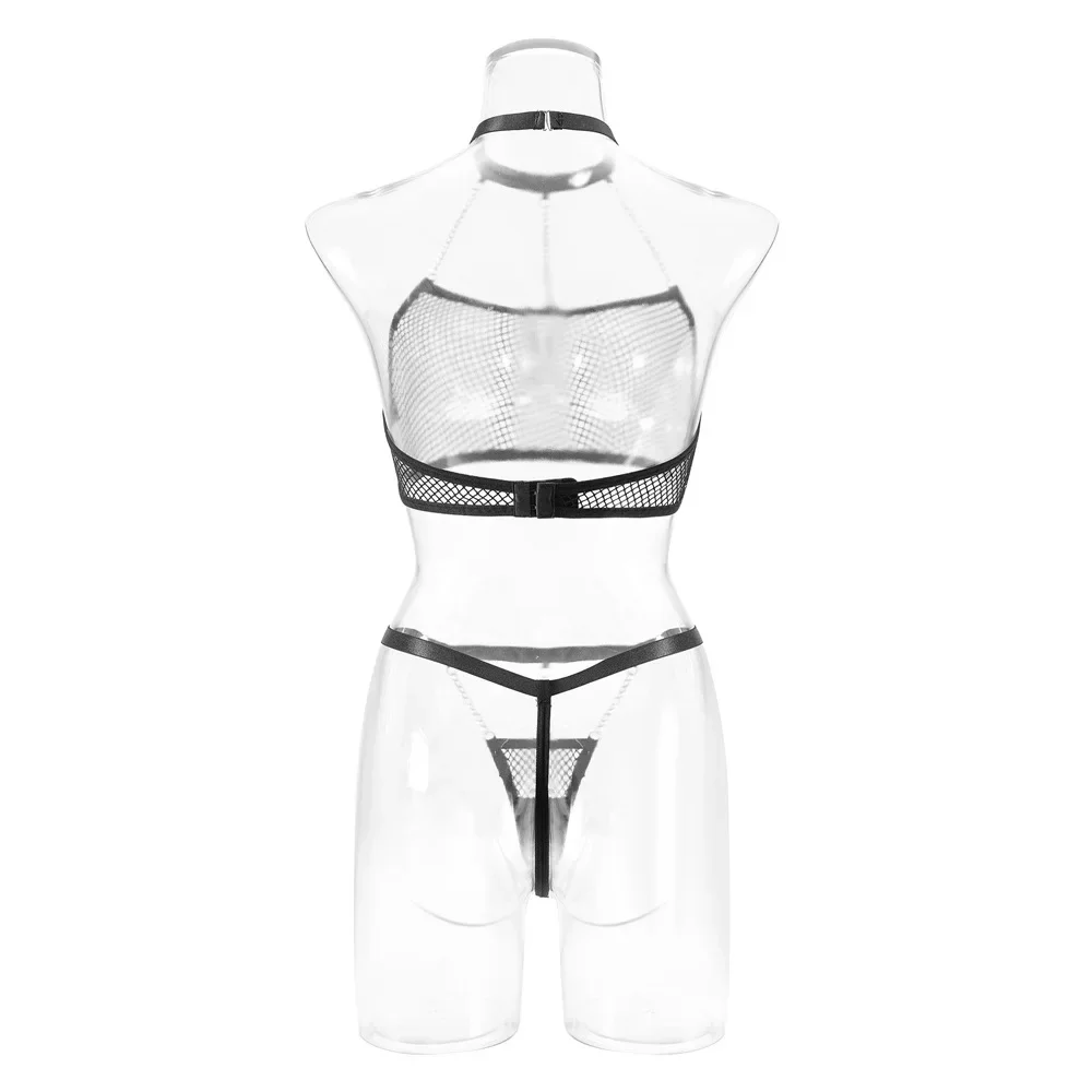 Conjunto de lencería Sexy de rejilla para Mujer, conjunto de sujetador y bragas con cadena, disfraces eróticos, lencería Sensual para Mujer, sujetador calado, Tanga, ropa interior