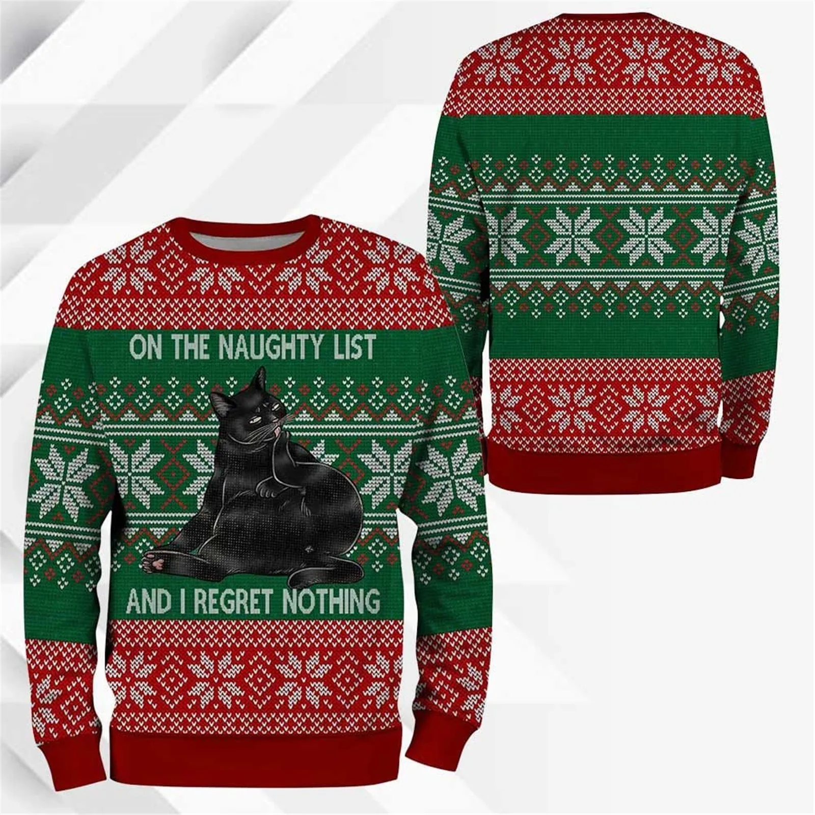 HX Ugly Christmas Sweater Sweatshirts Funny Animals Black Cats Sportwear Striped Splicing Long Sleeve Tops Men Women Clothing