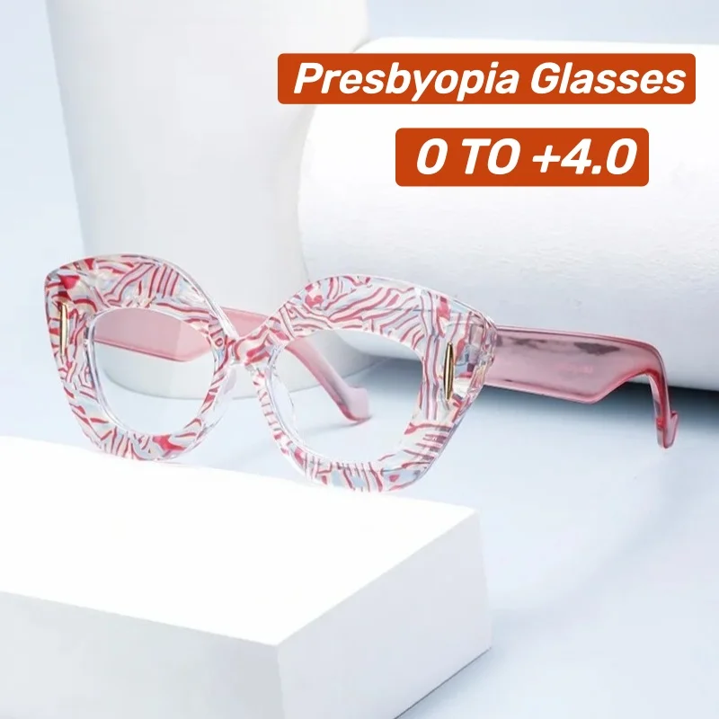 

New Style Anti-Blue Light Oversized Cat-Eye Presbyopia Glasses Fashion Print Frames High-Definition Reading Glasses 0 To +4.0