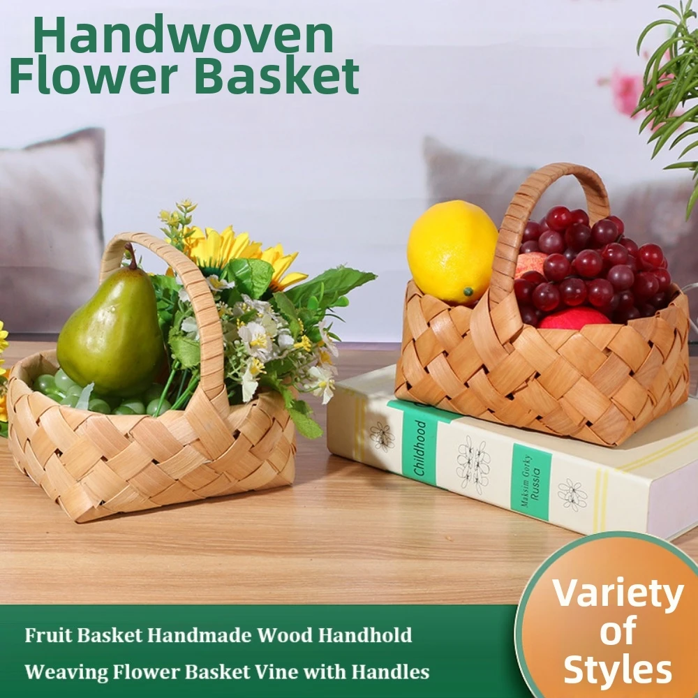 with Handle Fruit Basket Handmade 3 Styles Handhold Weaving Flower Basket Vine Handwoven Household Braid Storage Baskets