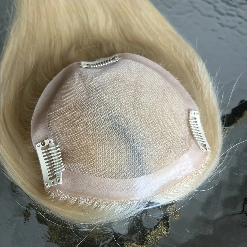 Berambut pirang # 613 Topper Rambut Asli Manusia 5x5 inci Basis Mono 14 inci Rajutan Tangan Bernapas Rambut Remy Buatan Mesin Dapat Diwarnai Dengan Mudah