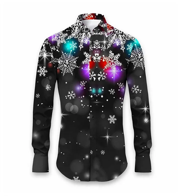 2024 Fashionable Casual Men's Shirt Lapel Long Sleeve Elk Fireworks Colorful Clear Pattern Soft And Comfortable Men's Tops