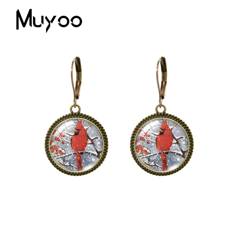 2023 New Robin Painting Dangle Earring Vintage Earrings Birds Art Round Glass Dome Handmade Jewelry