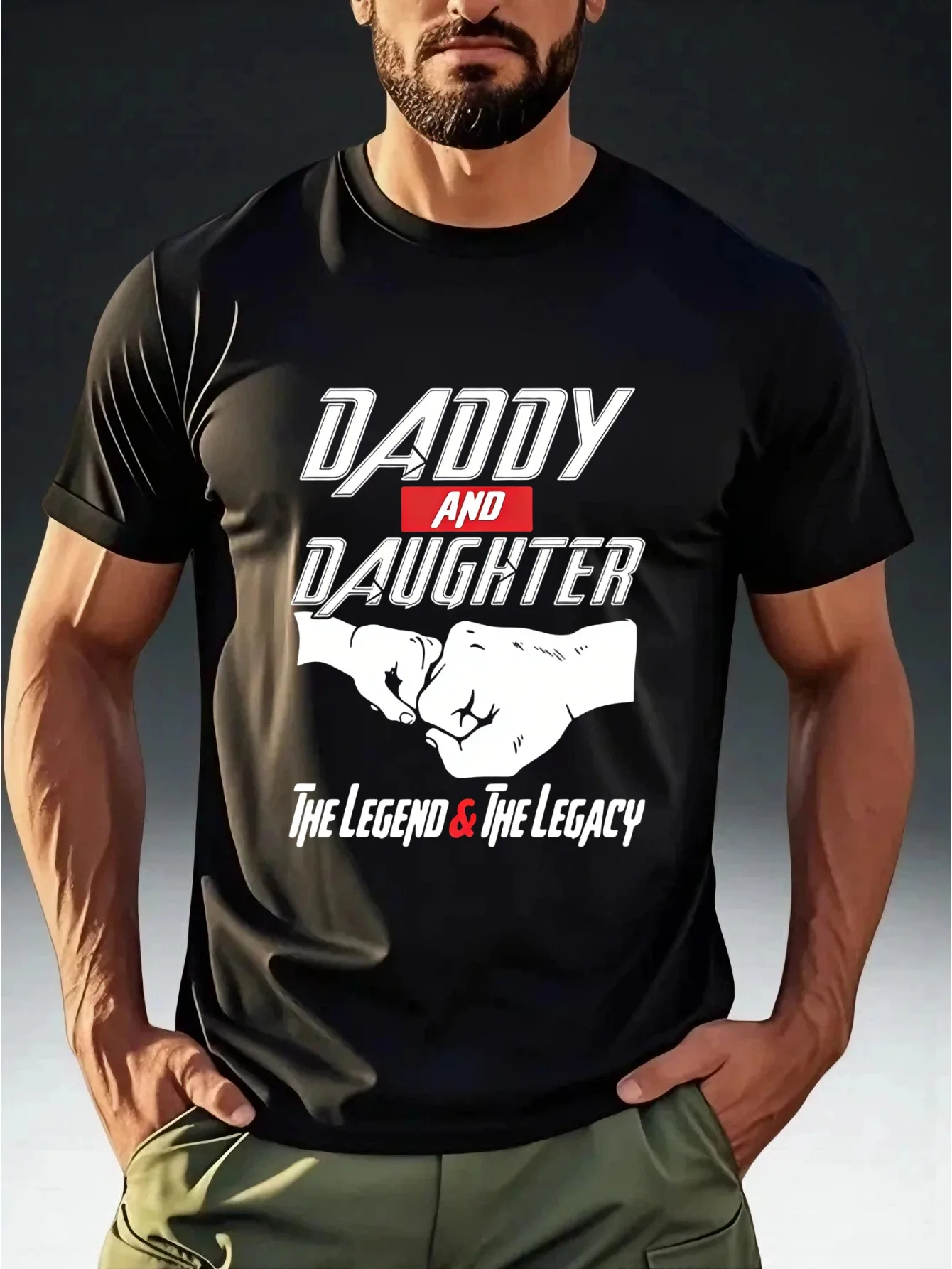 Plus-Size Men'S Parent-Child Cozy Style T-Shirt DADDY AND DAUGHTER with Fist Print, Eye-Catching And Trendy Design, Comfortable And Skin-Friendly Top, Plus Size