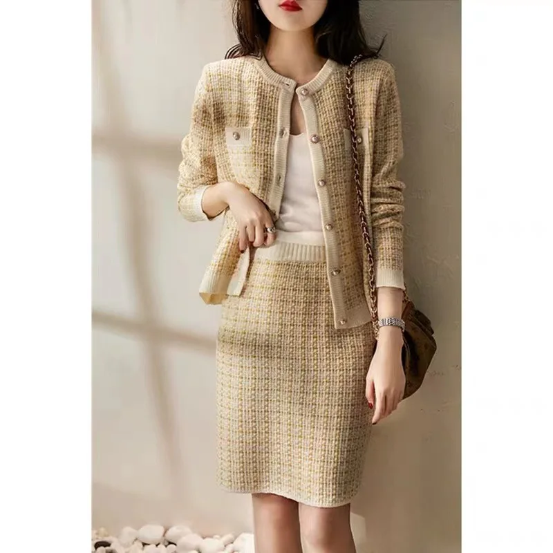 Women's Skirt Suits Luxury Fashion Commuter Round Neck Single Breasted Long Sleeve Sweater Knit Cardigan Skirt 2pcs Matching Set