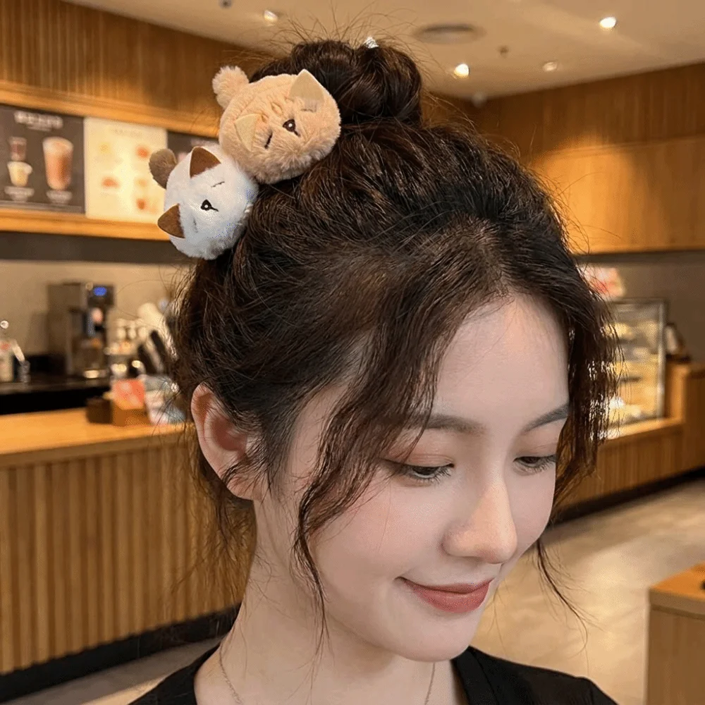 2 pcs/set Cute Fluffy Plush Cat Hair Clips Polyester Soft Cartoon Animal Duckbill Clips Side Bang Clips Kitten Barrettes