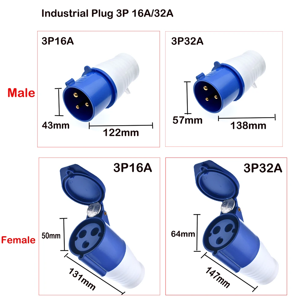 NEW Blue 250V 16/32 AMP 3 Pin Industrial Site Plug & Sockets IP44 2P+E Male/Female Industry Electrical Socket