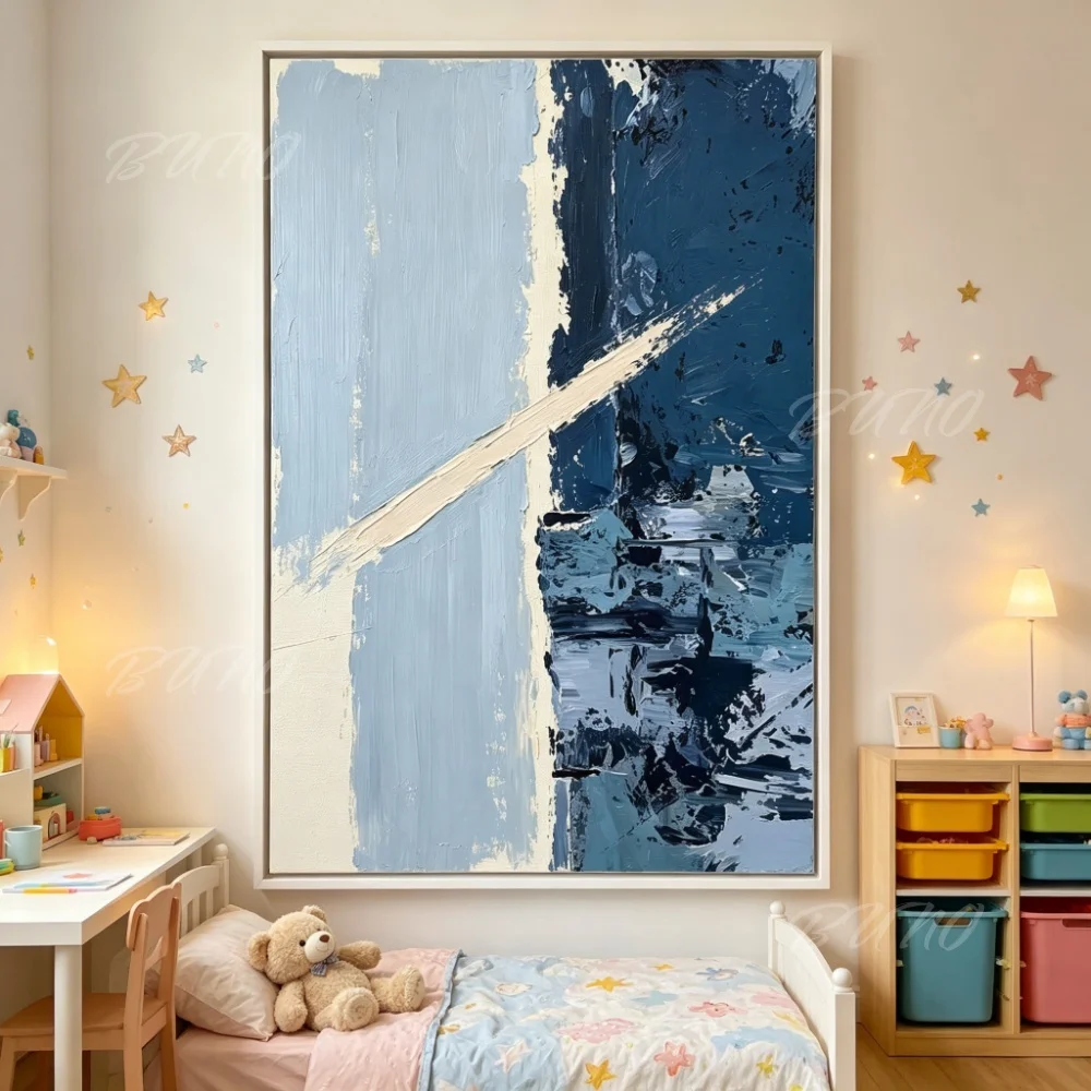100% Hand Painted Original Abstract Oil Painting Blue Thick Textured Impasto Canvas Wall Art For Home Living Room Bedroom Decor