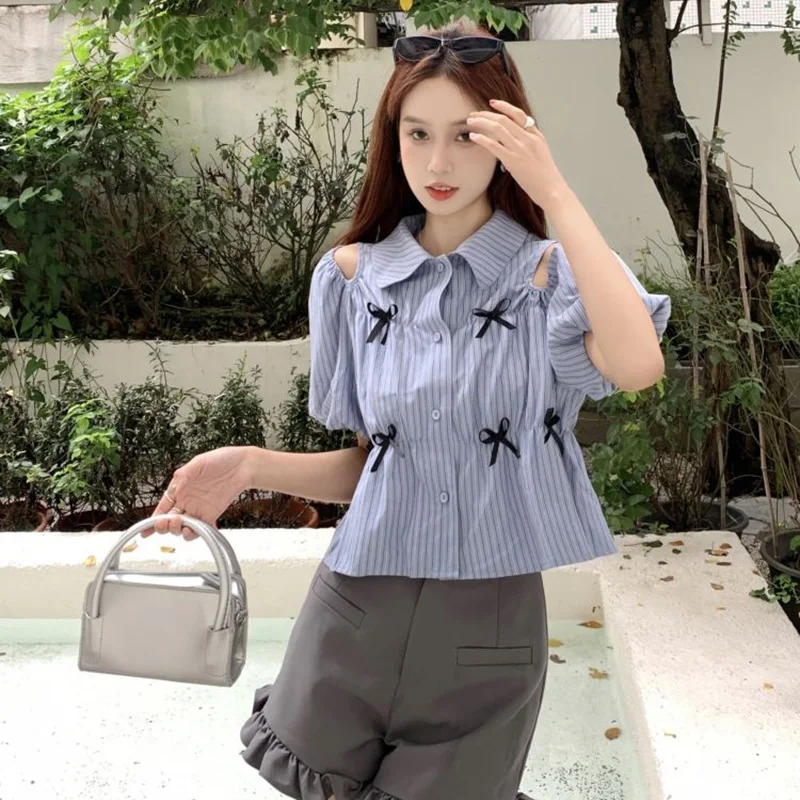 Sweet Striped Shirt Women Blue Lapel Button Bow Puff Sleeves Pretty Style Strapless Blouse Fashion Elegant Korean Female Tops