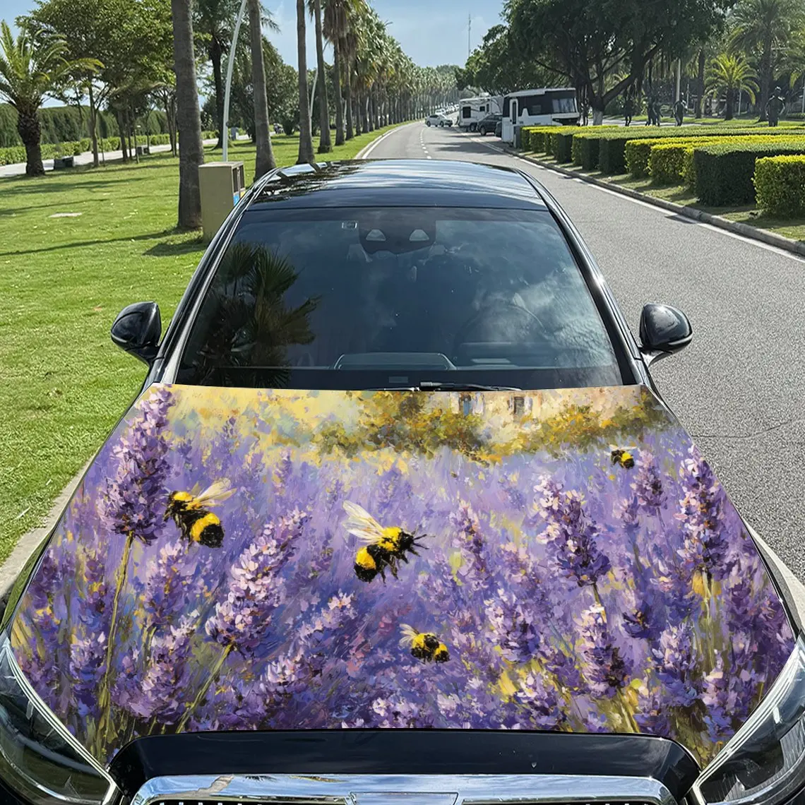 

Очаровательная пчела-наполненная лавандовым пейзажем, виниловые обертки на капот автомобиля из ПВХ, самоклеящаяся водонепроницаемая наклейка на капот автомобиля, автомобиль D