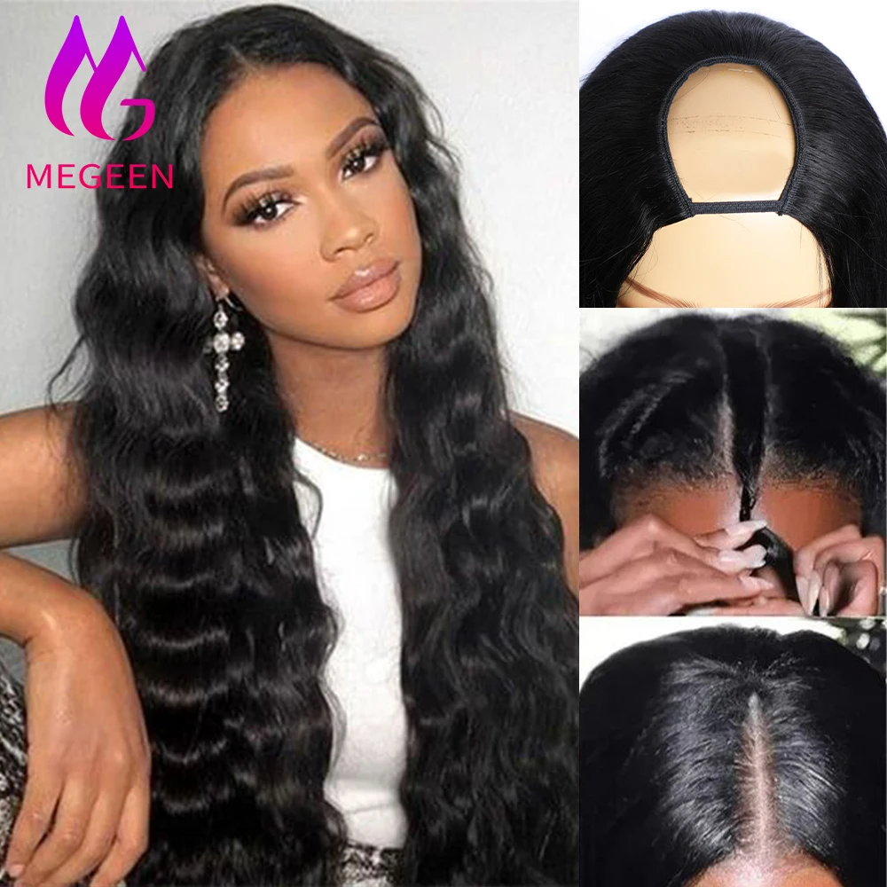 

Megeen Peruvian Virgin Hair No Glue Human Hair Full Machine Wigs Body Wave Upgrade U Part Wigs For Women No Leave Out 18-30 Inch