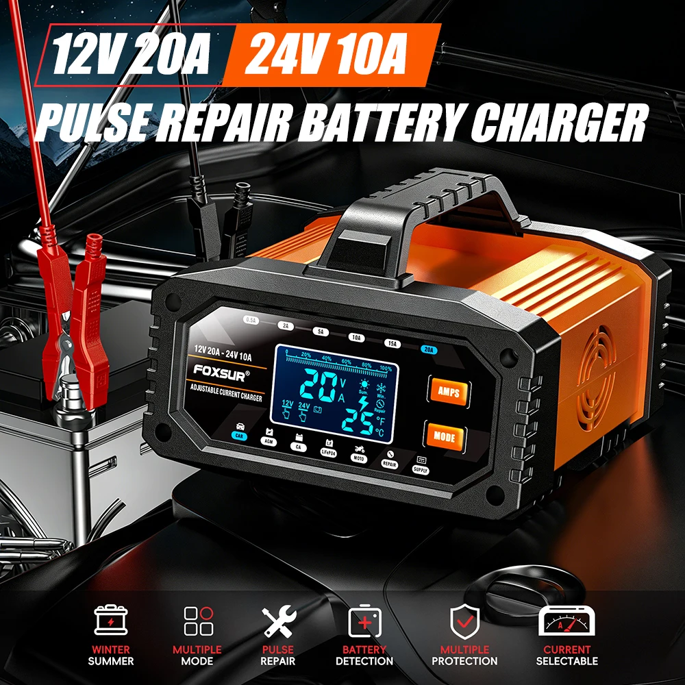 

12V 24V 20A 10A Car Motorcycle Battery Charger Large Screen Digital Display 7-stage Chargers Smart Battey Charger Intelligent