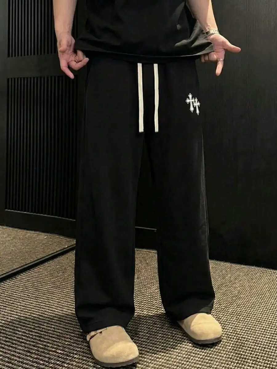 Mens Loose Straight Leg Sweatpants With Embroidered Cross Design Elastic Waist Drawstring Casual Pants
