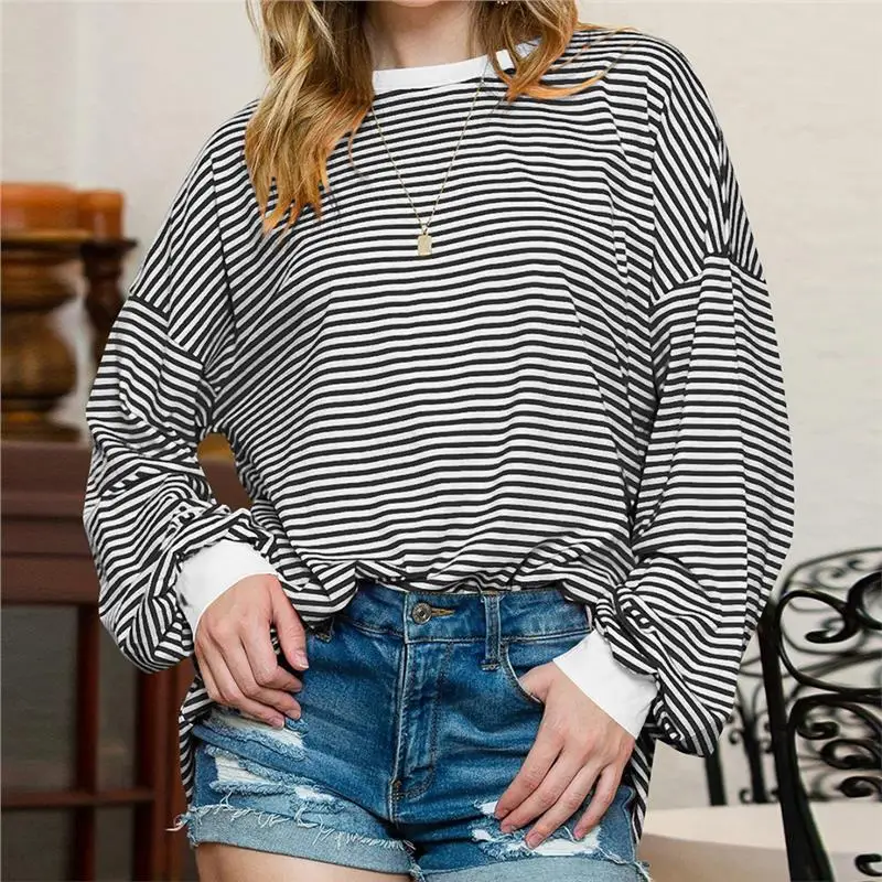 

Loose round Ne Long Sve Striped T-irt Women's Autumn New Sle Comfortable Casual Sweatirt Independent Station Cross...
