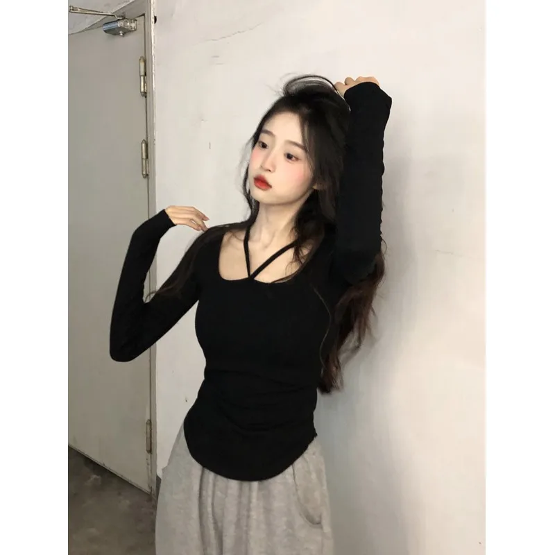 

American Style Spicy Girl Hanging Neck Long Sleeve T-shirt Trend Women's Early Autumn Slim Pullover 2023 Female Short Bottom Top