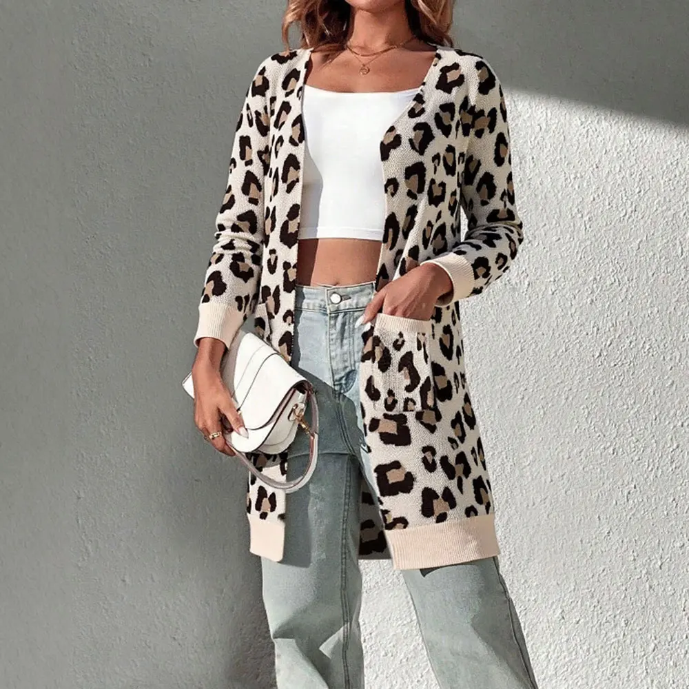 Autumn Winter Leopard Print Open Cardigan Long Knitted Sweater Women's Fashion Outerwear