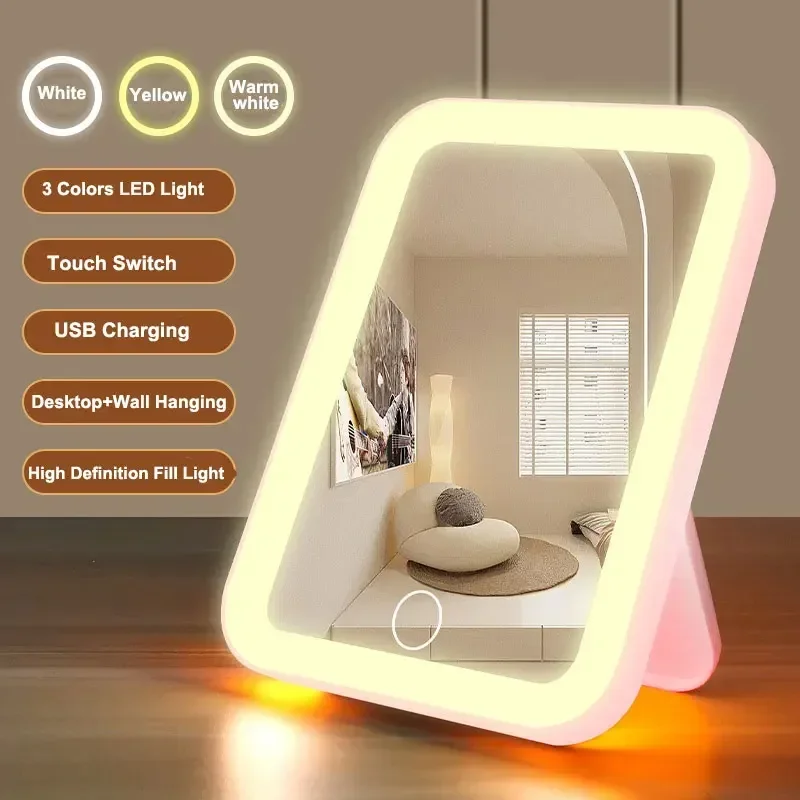 LED Makeup Mirror w/ Lights for Girls, Smart Touch Dimmable Vanity Desk Lamp, Portable for Dorm Bedroom Dressing Table