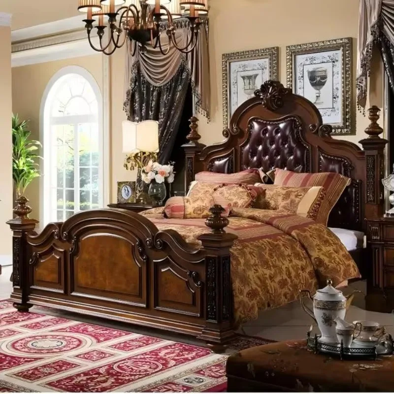 Carved Solid Wood Leather Bed with Storage, Antique European Style King Size Bed for Bedroom Furniture Sets