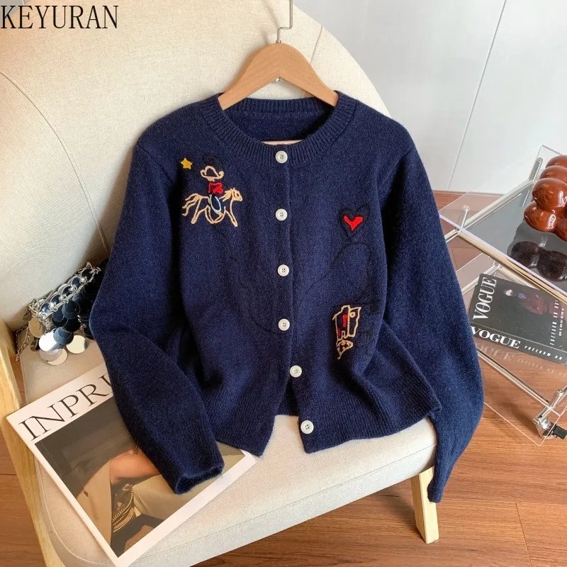 

Cartoon Embroidered Knitted Cardigan for Women 2025 Korean Style Sweet Spring Autumn O-Neck Long Sleeve Casual Sweater Jackets