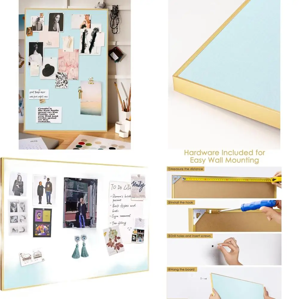 

Доска из ткани и пробки 20x30 см, светло-голубая, с золотистой алюминиевой рамой и 10 кнопками-гвоздиками