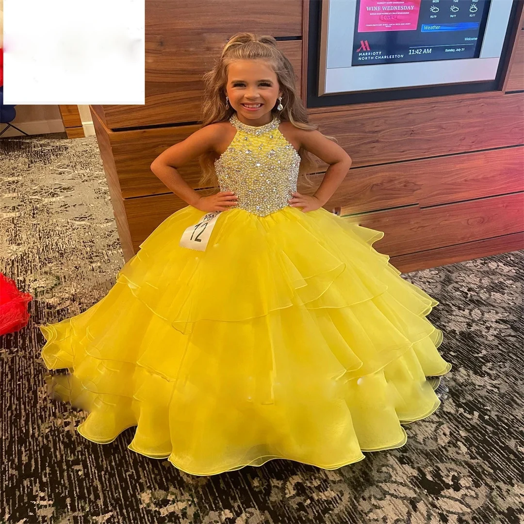 Lovely Beading Princess Little Girls Pageant Dresses Halter Ruffles Organza Birthday Party Gown Puffy Oranza Infant Prom Dress