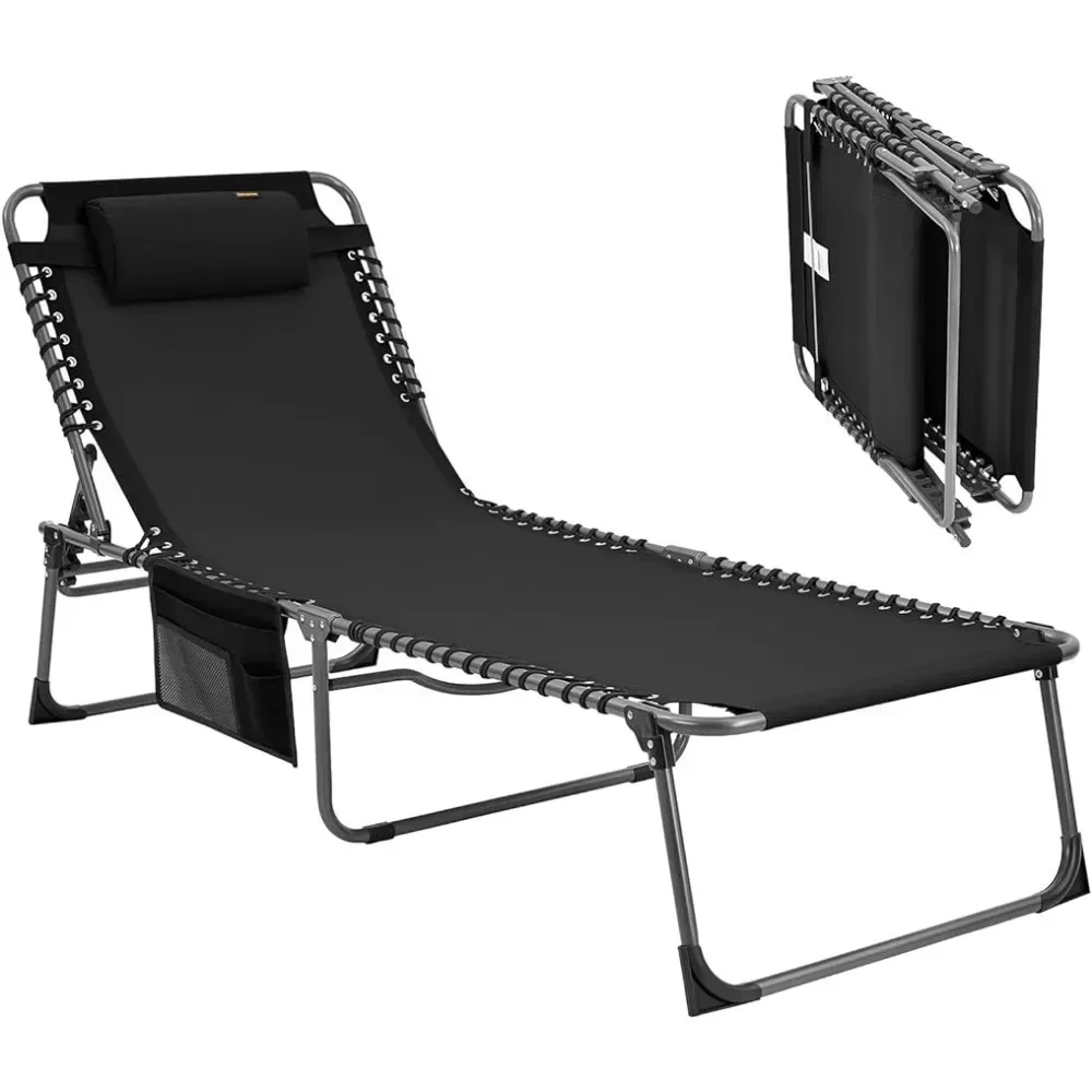 Oversized Adjustable 5-Position Folding Chaise Lounge Chair, Heavy Duty Portable Camping Recliner with Pillow, Supports 330lbs