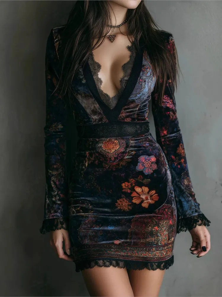 

Sexy Lace Patchwork Dress For Woman Spring Summer Fashion Deep V-neck High Waist Mini Dresses Ladies Slim Long Sleeves Vestidos