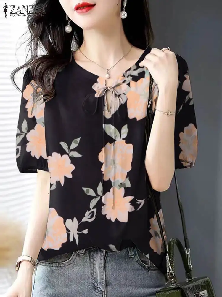 ZANZEA Summer Round Neck Tops Shirt Vintage Casual Chiffon Blouse Korean Bandage Floral Print Tunic Women Retro Holiday Blusas