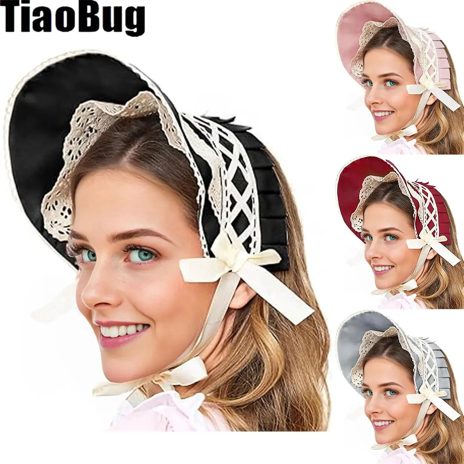 Colonial Headwear Victorian Lace Bonnet Bow Hat for Party Halloween Costume Dress Up Sun Cap