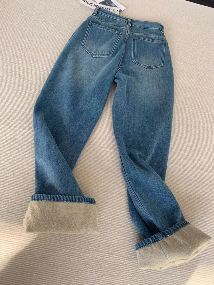 plus Size Fce Lined Thi Denim Jeans Women's Winter High Waist Straight Leg Wide Leg Pants Casual Wear Comfortable Fit