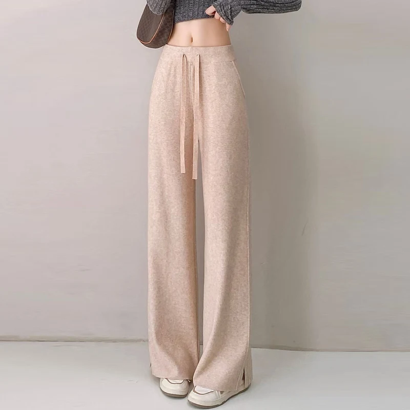 Winter 2025 New Women's Woolen Fleece Warm Pants Elastic High Waist Drawstring Autumn Chic Female Casual Side Slit Wide Leg Pant