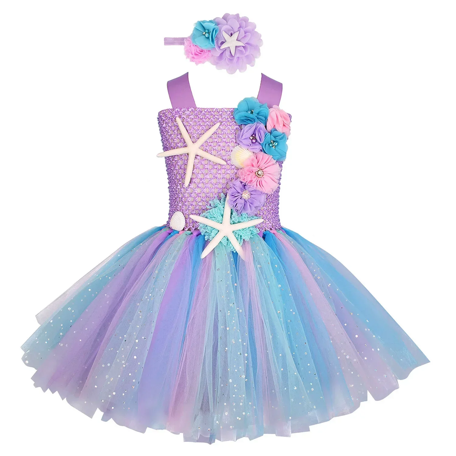 

Girls Skirts Pastel Ariel Mermaid Tutu Dress Under Sea Theme Birthday Party Costume with Flower Headband Ocean Flower Dresses