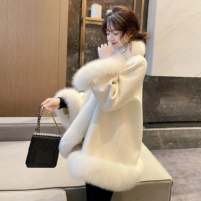 New Autumn Winter Imitation Fox Fur Shawl Women Overcoat Loose Length Double-Sided Woolen Cloak Thicke Coat Female Outwear Parka