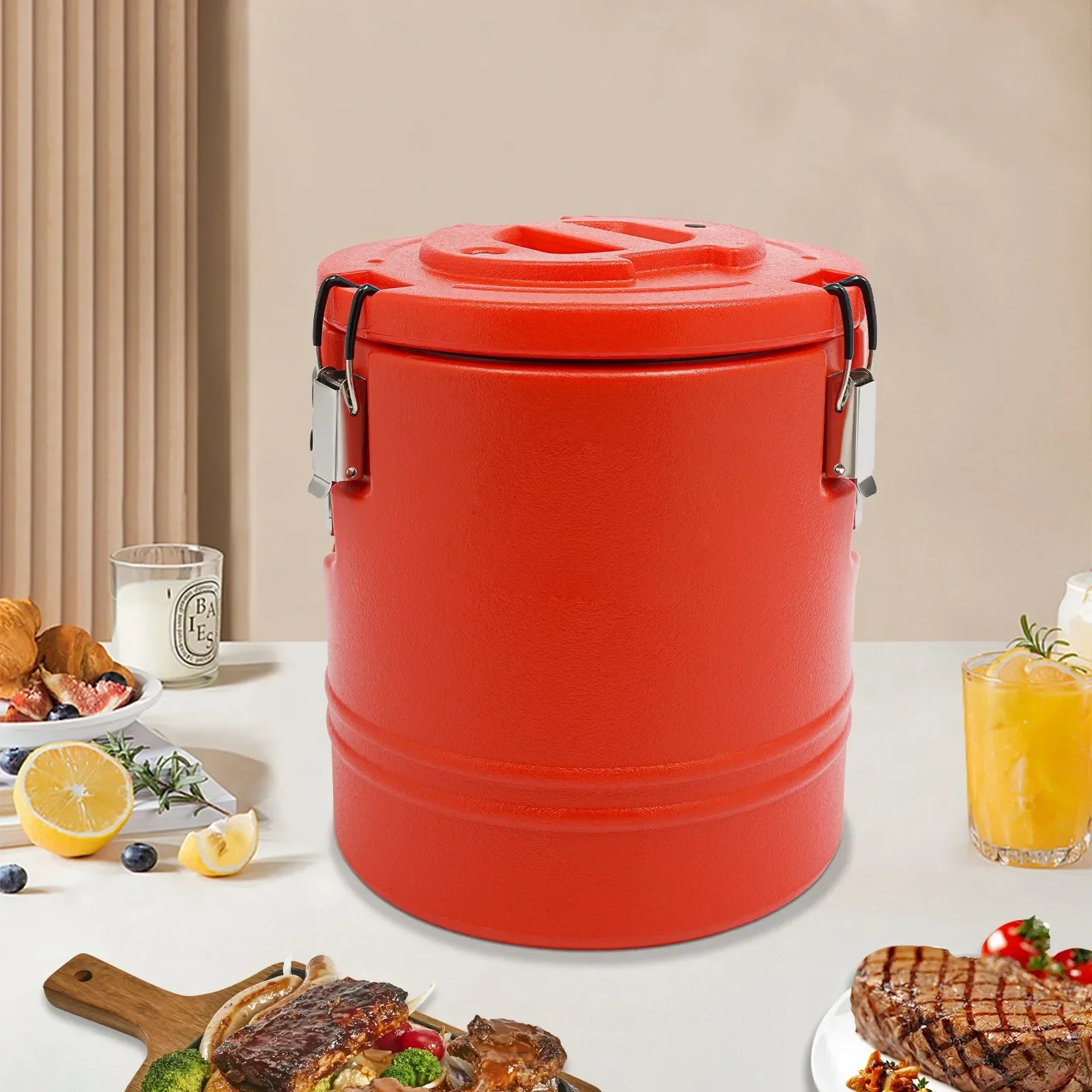 

Stainless Steel Insulated Soup Bucket 15.85Qt, Modern Round Hot Cold Food Container, Red Insulated Casserole Pot for Catering