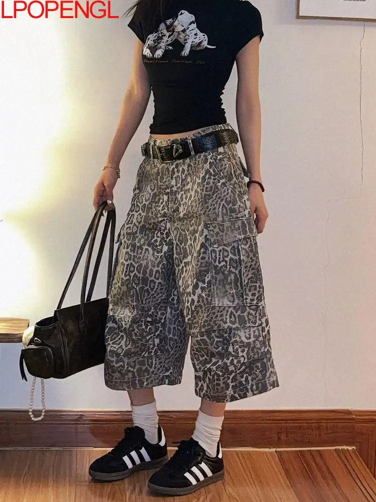 American Leopard Print Workwear Denim Calf-length Pants 2026 New Women Summer Streetwear Personality Casual Large Pocket Shorts
