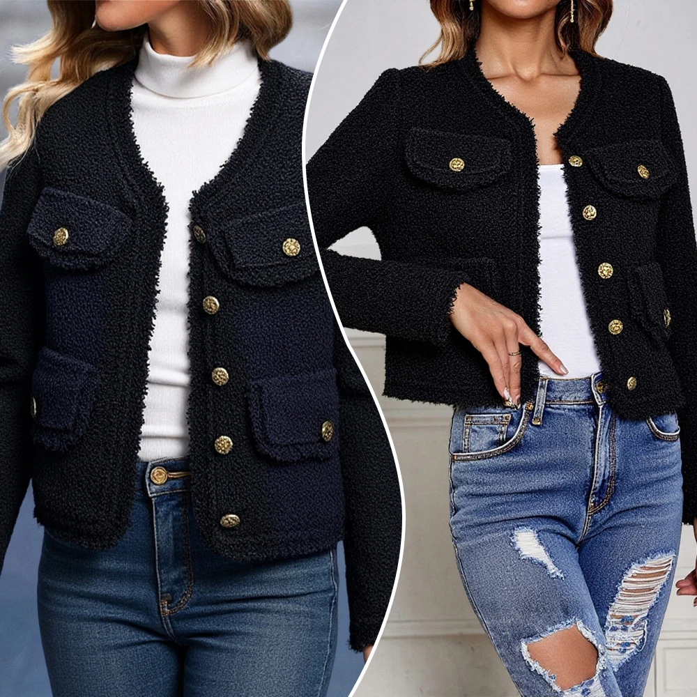 

2025 Autumn Winter Jackets Women's Modern Black Plain Long Sleeve Round Neck Button Front Faux Pockets Blazer