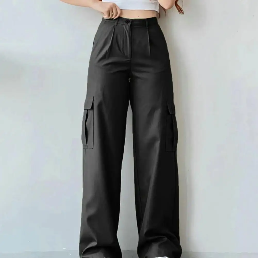 

Solid Color Straight-leg Trousers Stylish Women's Cargo Pants High Waist Multi Pocket Straight Leg Trousers for Streetwear