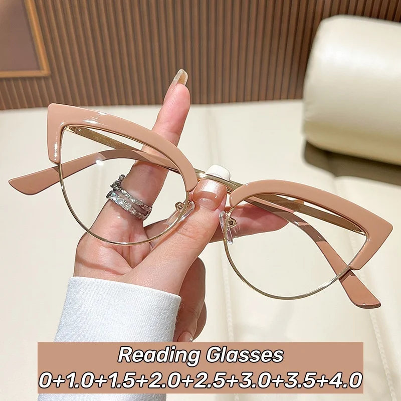 

Fashionable Metal Cat's Eye Presbyopia Glasses Anti-blue Light HD Reading Glasses Women's Grade Glasses Diopter To +4.0