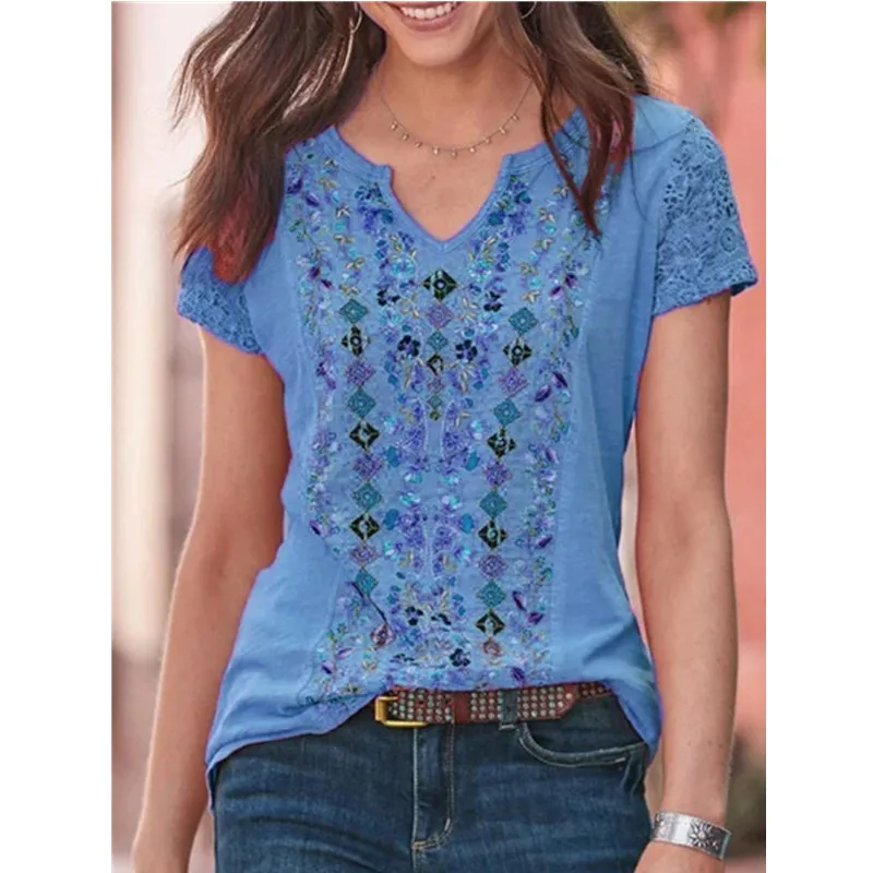 Camiseta holgada con estampado Floral para mujer Fre Sweet Sle ort Sve, longitud media, Dr, otro Material, Top Floral suave para mujer