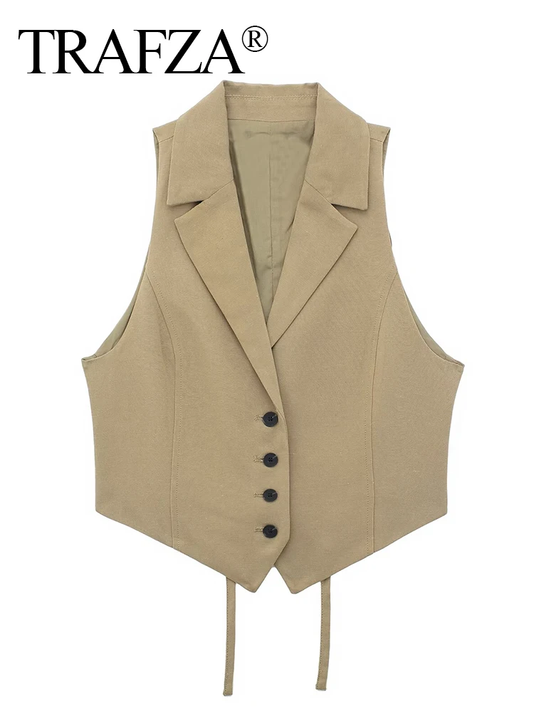 TRAFZA 2024 Woman Cropped Sleeveless Blazer Vest Summer Buttons Bow Tied Back Slim Tanks Female Crop Top Waistcoat