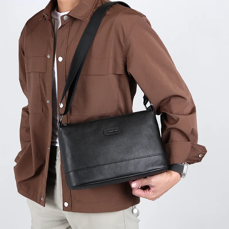 

Men's genuine leather horizontal square single-shoulder multi-zipper large-capacity travel commuting crossbody small backpack